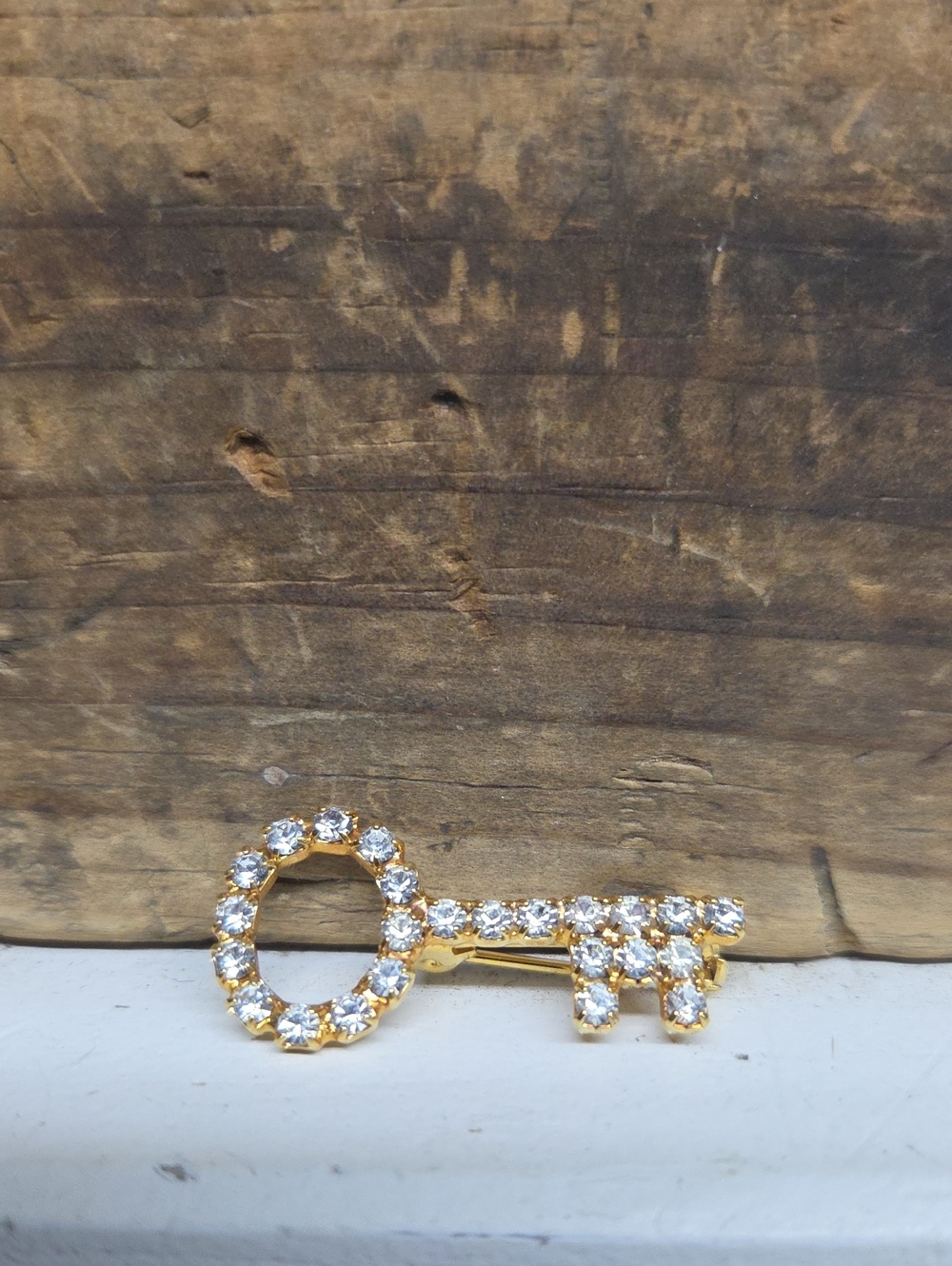 Vintage Gold Tone Rhinestone Skeleton Key Brooch Pin